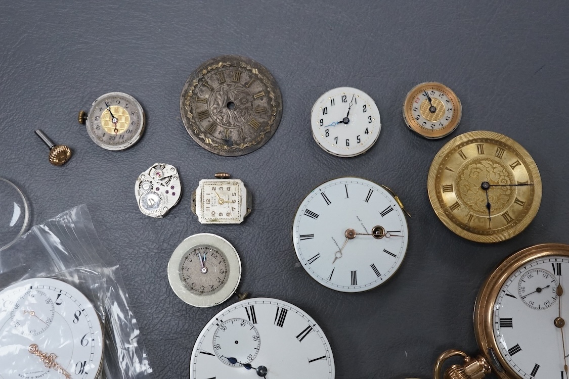 A gold plated Waltham hunter keyless pocket watch, with Roman dal and subsidiary seconds, case diameter 50mm, together with a group of wrist pocket and fob watch movements, etc.